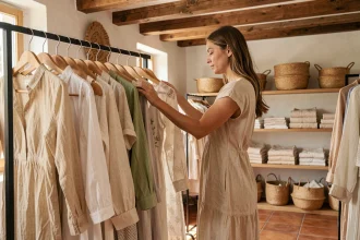 Femme en robe en lin écru feuilletant des vêtements d'été en matières naturelles dans une boutique de prêt-à-porter au décor en bois et en terre cuite
