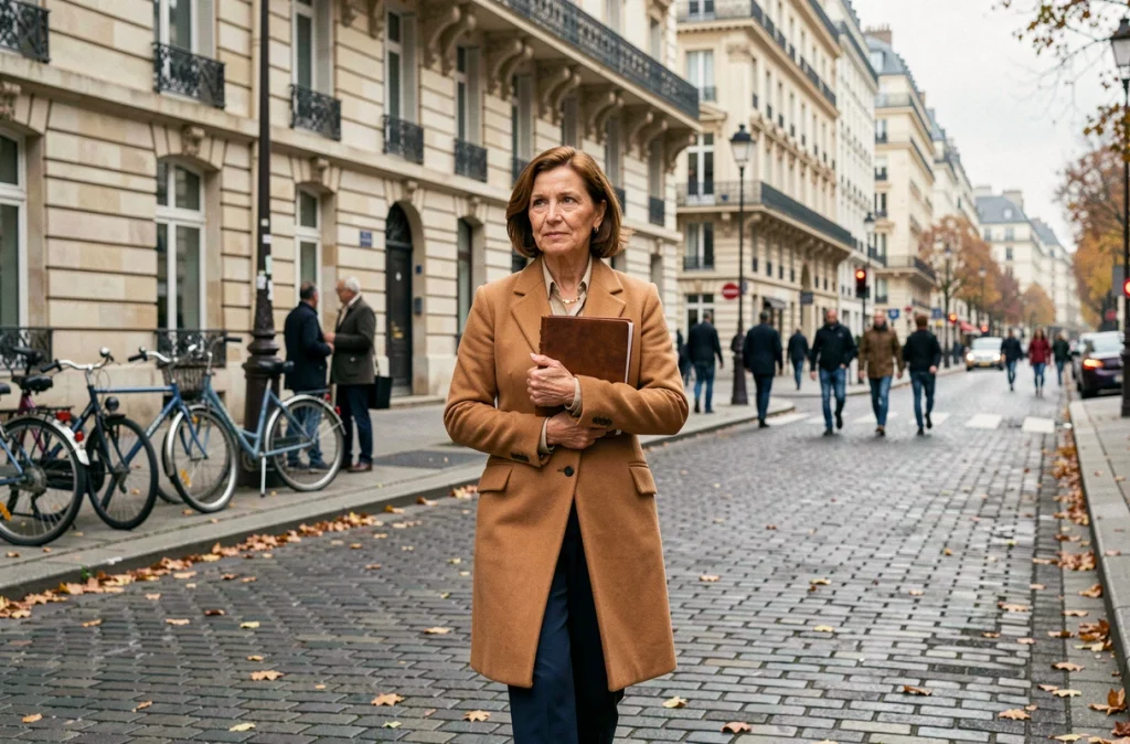 Femme traversant un boulevard parisien avec un carnet, capturée discrètement comme métaphore de la vie publique observée