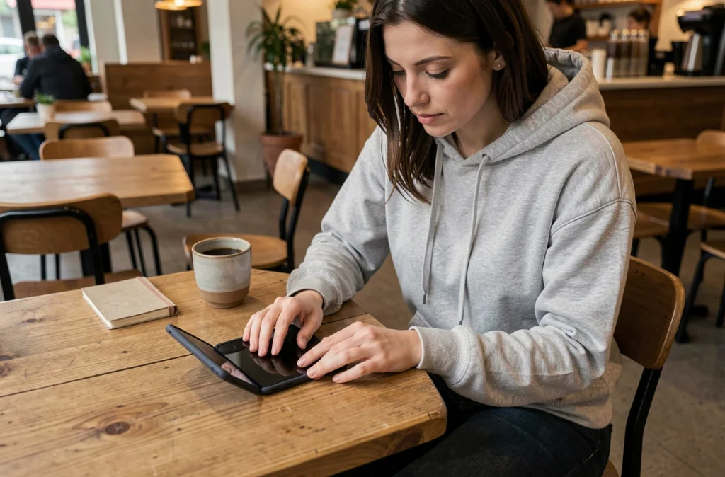 Femme dans un café examinant un smartphone pliable posé sur une table en bois