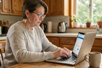 Femme de 40 ans souscrivant une assurance en ligne sur son ordinateur portable dans une cuisine moderne