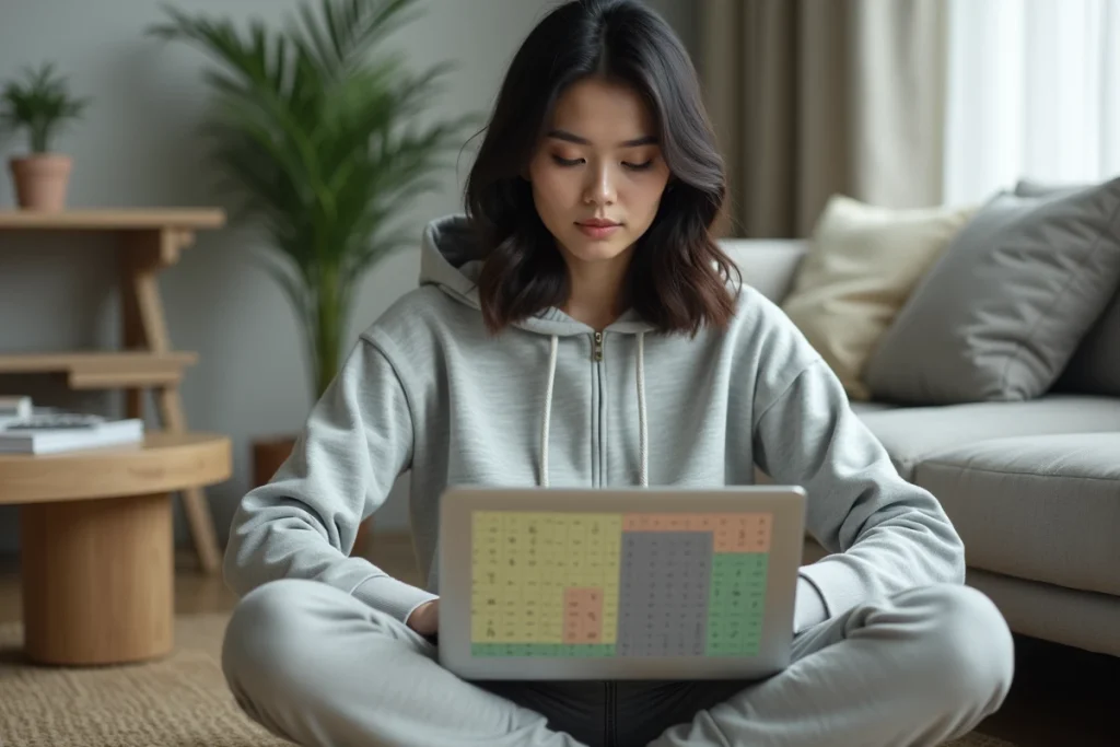 Une femme concentrée jouant à Pédantix sur ordinateur portable dans un salon minimaliste, analysant la grille de couleurs pour trouver le mot