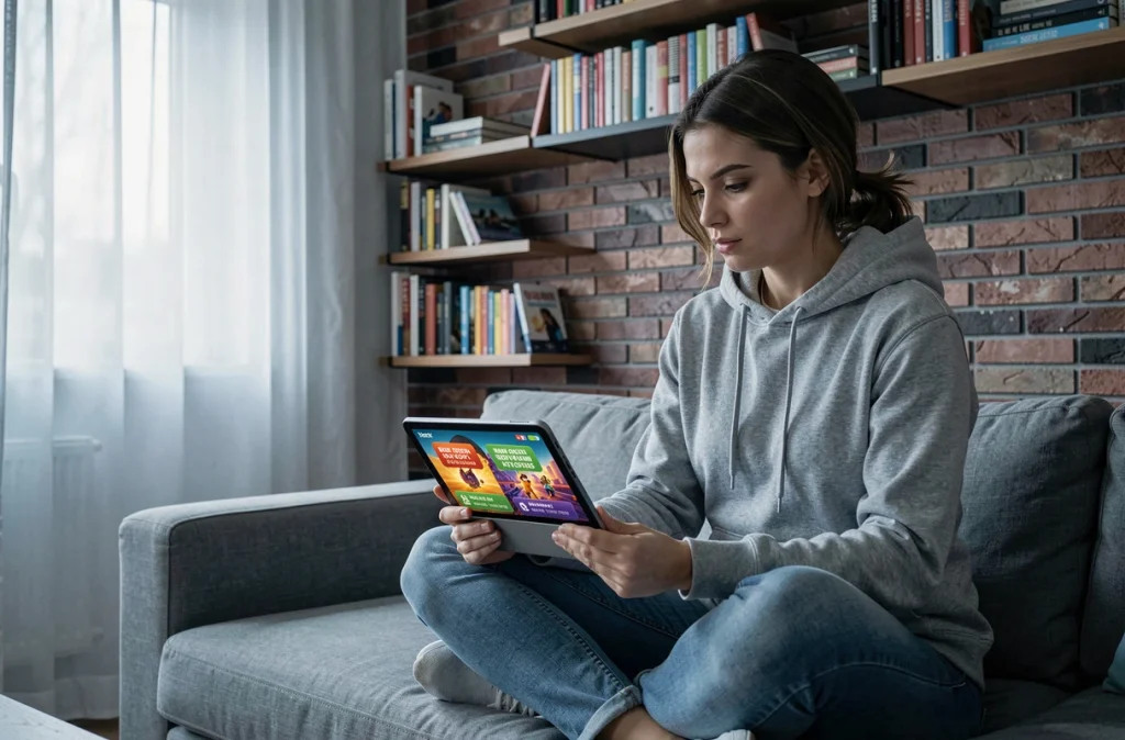 Femme en tenue décontractée regardant une tablette affichant une application de jeu avec des offres de bonus suspectes, thème arnaque en ligne Monopoly Go