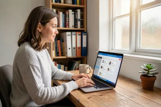 Femme travaillant depuis chez elle sur une interface de stockage en nuage pour collaborer à distance avec son équipe