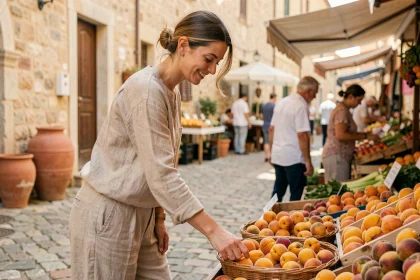 Femme en tenue en lin beige parcourant un marché provençal en été