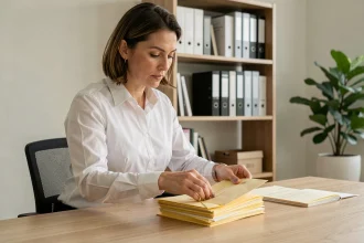 Femme professionnelle triant des enveloppes sur un bureau en bois dans un bureau moderne pour optimiser ses envois postaux