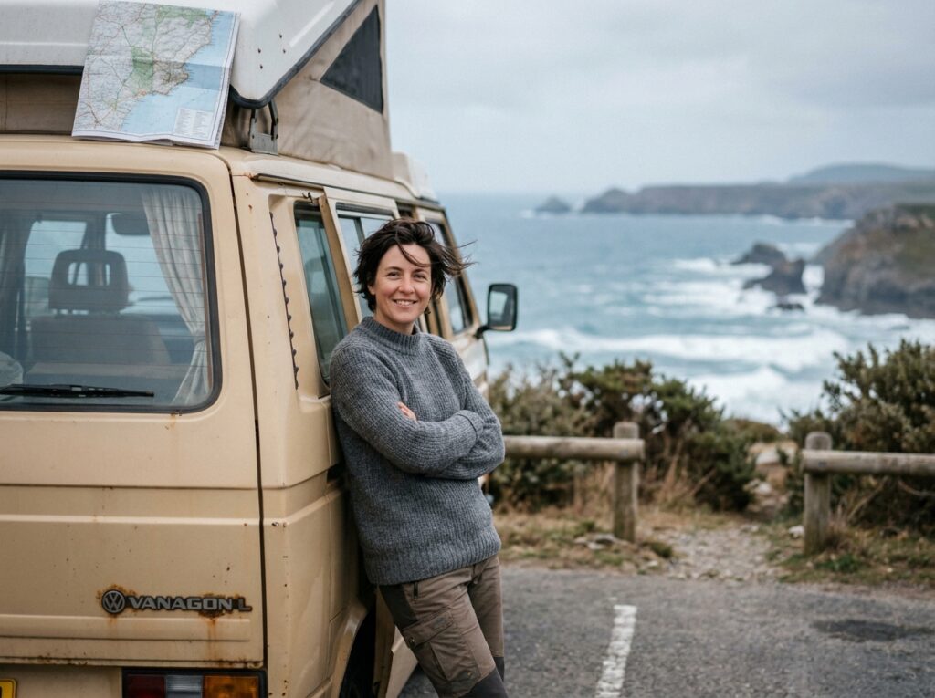 Femme souriante appuyée contre un van Volkswagen T3 vintage sur un parking en bord de falaise atlantique, prête pour le voyage