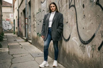 Femme portant une veste oversize grise structurée dans un cadre urbain contemporain avec mur en béton et graffitis
