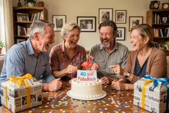 Groupe d'adultes hilares autour d'un gâteau d'anniversaire humoristique avec banderole comique lors d'une fête entre amis