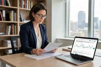 Une professionnelle en blazer marine examine des documents fiscaux liés aux crypto-monnaies dans un bureau moderne