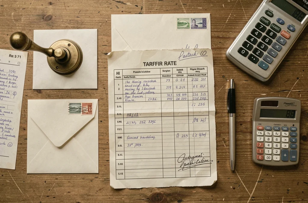 Vue de dessus d'un bureau avec enveloppes, grille tarifaire annotée et calculatrice pour planifier les envois postaux selon la tarification 2026