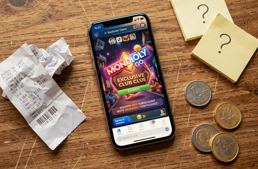 Vue de dessus d'un smartphone affichant le Club des magnats Monopoly Go entouré de pièces de monnaie et de notes manuscrites avec des points d'interrogation, concept arnaque ou vrai bonus