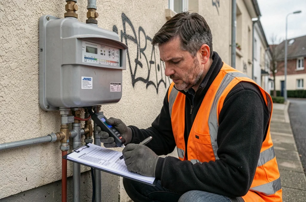 Technicien Gaz Flash vérifiant un compteur de gaz résidentiel sur la façade d'un immeuble à Saint-Denis