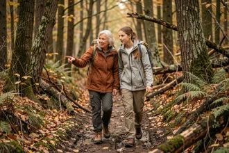 Grand-mère et adolescente en randonnée dans une forêt automnale, explorant la nature ensemble sur un sentier forestier