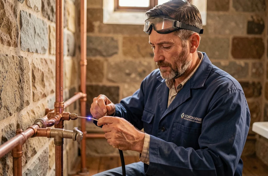 Artisan plombier Grihier Plomberie Chauffage soudant un joint en cuivre en Lorraine