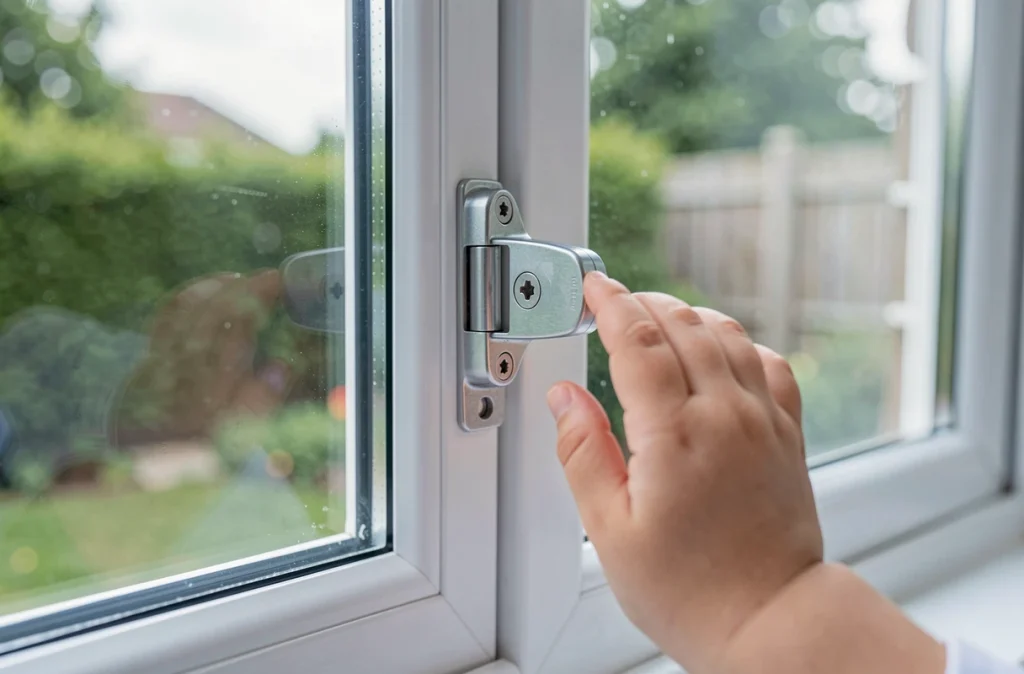 Gros plan sur un limiteur d'ouverture de fenêtre anti-chute pour enfant avec petite main d'enfant contre la vitre