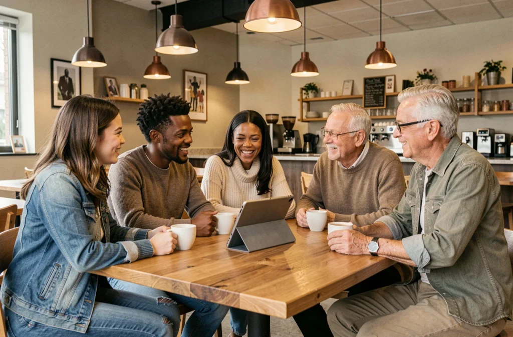 Groupe multigénérationnel de professionnels en pause café partageant une conversation détendue dans un espace de détente d'entreprise