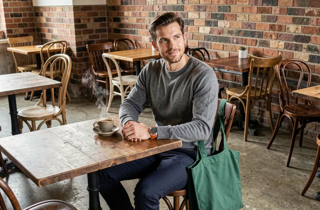 Homme en café portant une montre à bracelet orange terracotta et un tote bag vert émeraude, exemple d'accessoires colorés intégrés dans une tenue masculine décontractée