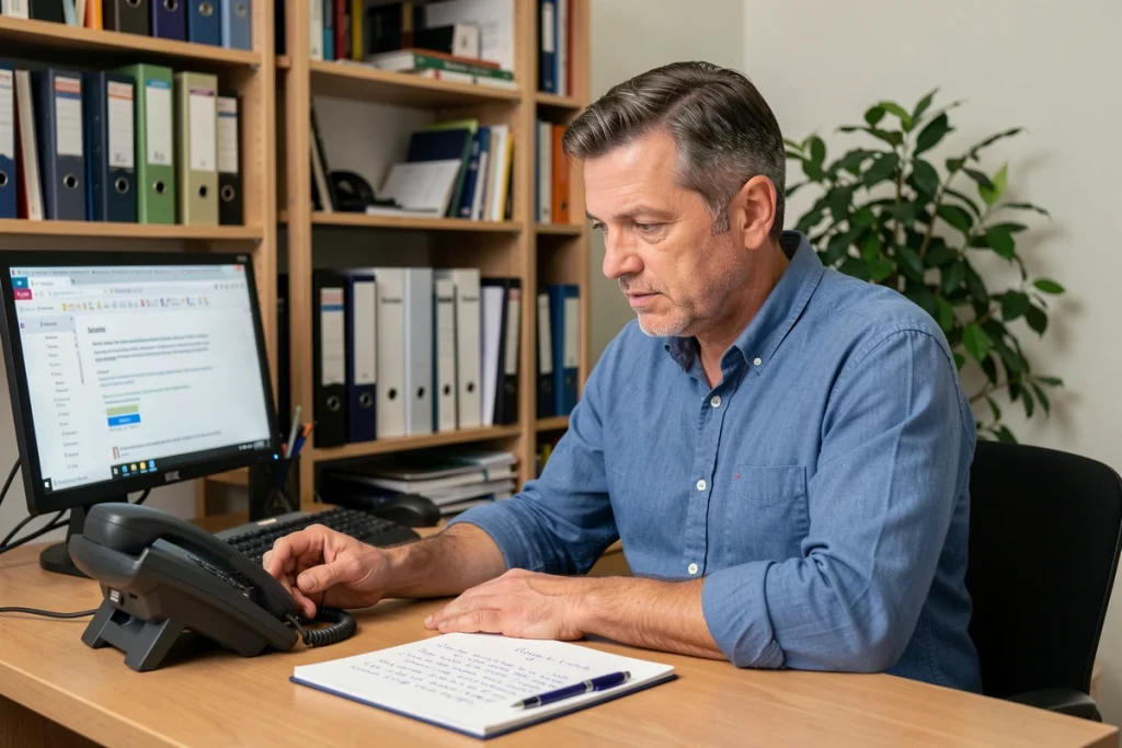 Homme hésitant face à un appel téléphonique commercial dans son bureau à domicile