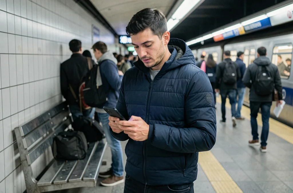 Homme consultant une application de gestion financière sur son téléphone dans le métro lors de son trajet quotidien
