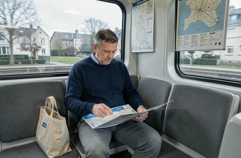 Homme lisant une carte des zones RER dans un train en banlieue parisienne