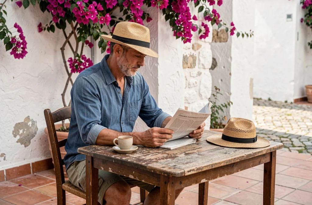 Homme avec un chapeau de paille fedora attablé à une terrasse de café méditerranéen
