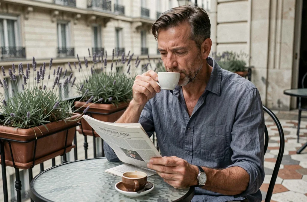 Homme en chemise en lin bleu ardoise attablé en terrasse parisienne l'été