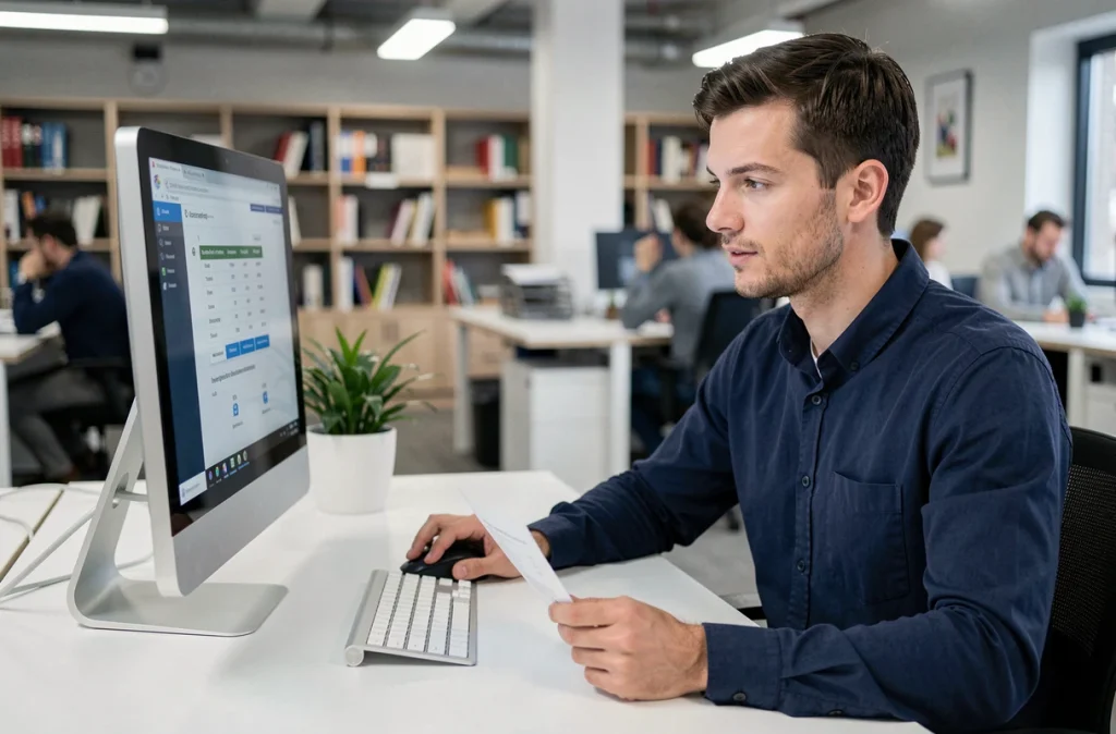 Homme comparant des contrats d'assurance personnalisés sur un ordinateur de bureau dans un open space professionnel