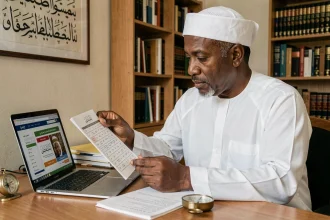 Homme consultant un horaire de prière imprimé et un site web de prière sur ordinateur portable à Les Mureaux