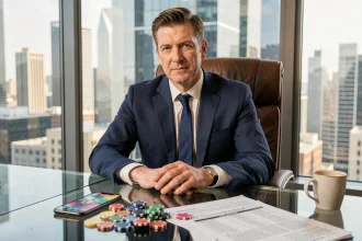 Homme en costume assis à un bureau avec un smartphone affichant un jeu mobile Monopoly Go et des jetons de casino, illustrant le Club des magnats