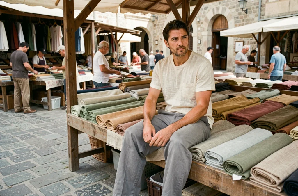 Homme vêtu de coton biologique et chanvre naturel assis dans un marché en plein air méditerranéen entouré de tissus en matières naturelles aux tons ocre et sauge