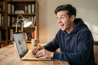 Homme surpris découvrant l'easter egg Do a Barrel Roll sur Google depuis son bureau à domicile