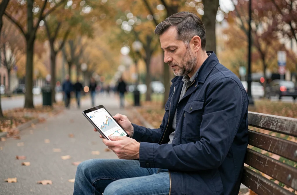 Homme consultant des graphiques d'épargne sur tablette dans un parc urbain en automne