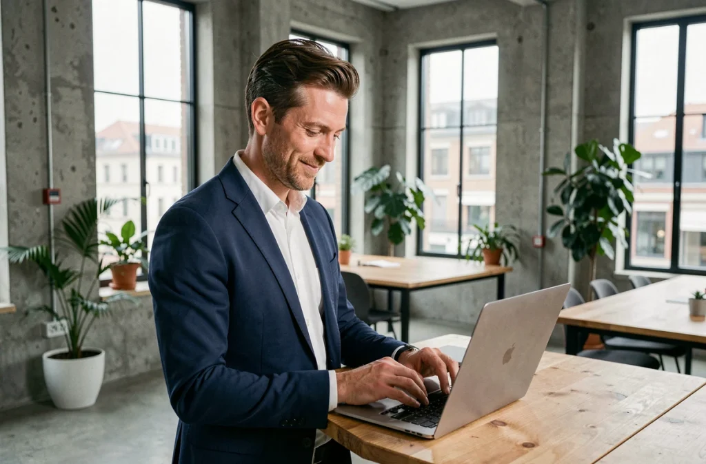 Homme d'affaires consultant son compte de néobanque sur un ordinateur portable dans un espace de coworking moderne