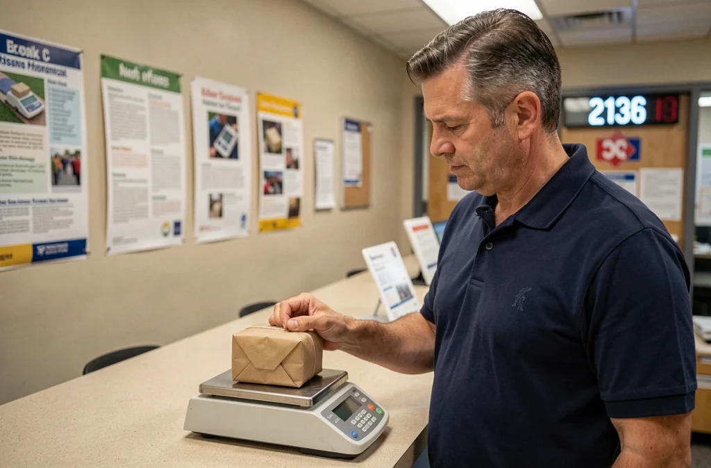Homme pesant un colis sur une balance postale numérique au comptoir d'un bureau de poste pour calculer le tarif d'envoi 2026