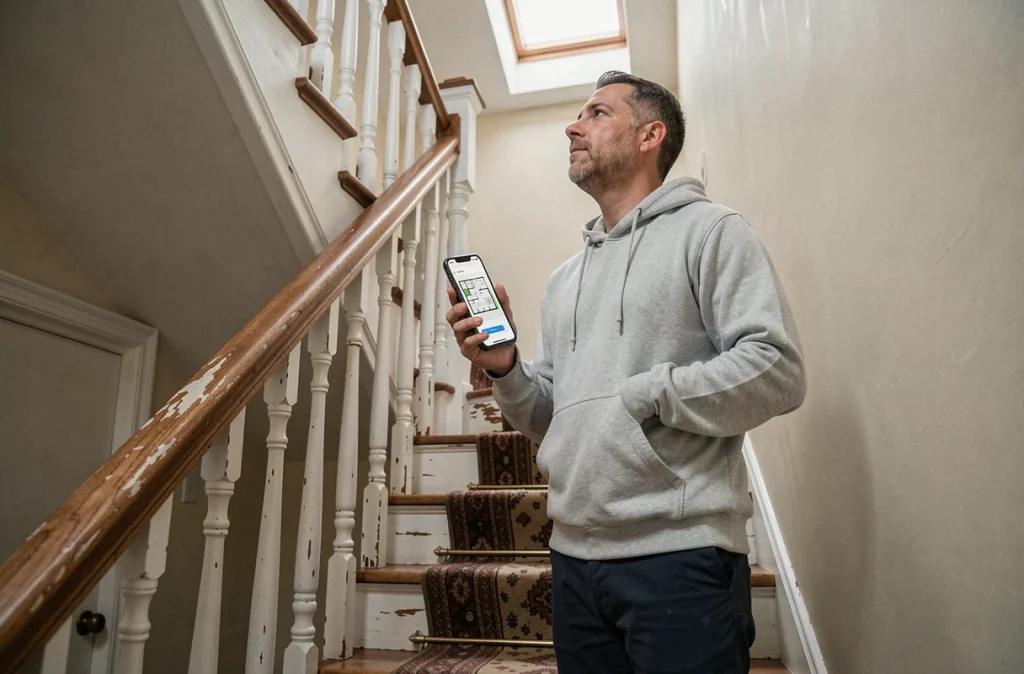 Homme consultant un plan d'appartement sur smartphone dans l'escalier d'une maison à vendre lors d'une visite