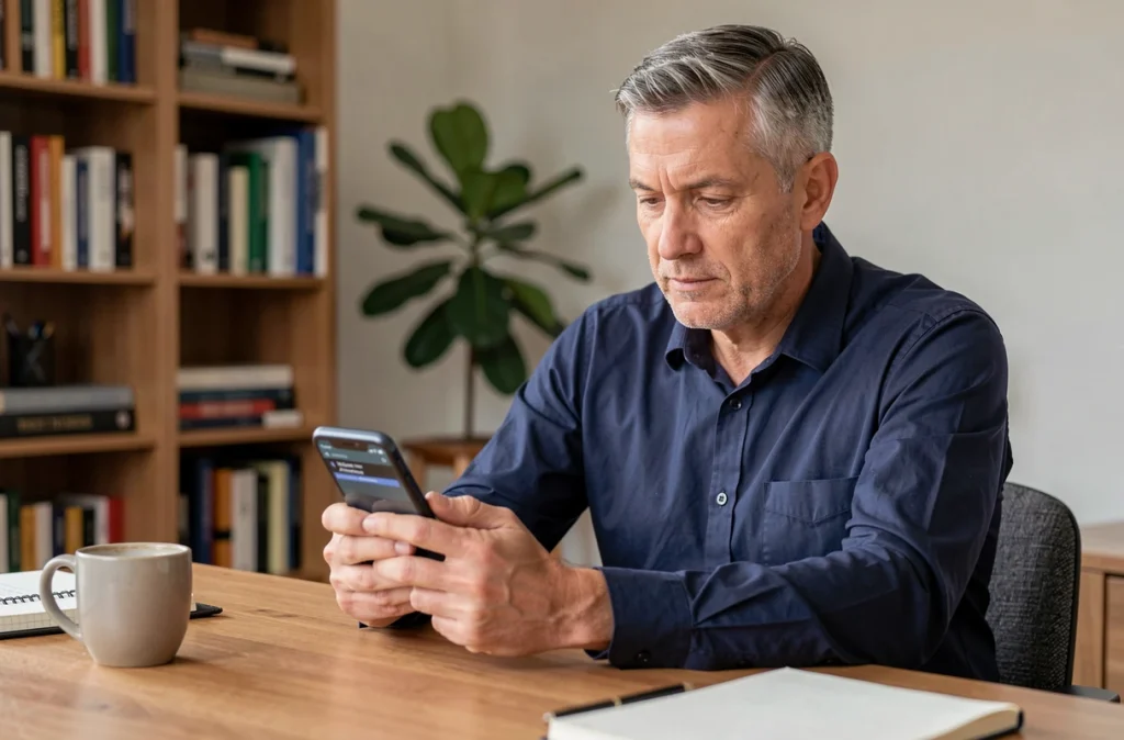 Homme consultant sa messagerie vocale Free sur smartphone depuis son bureau à domicile