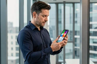 Homme d'affaires utilisant un smartphone pliable dans un bureau moderne avec vue sur la ville