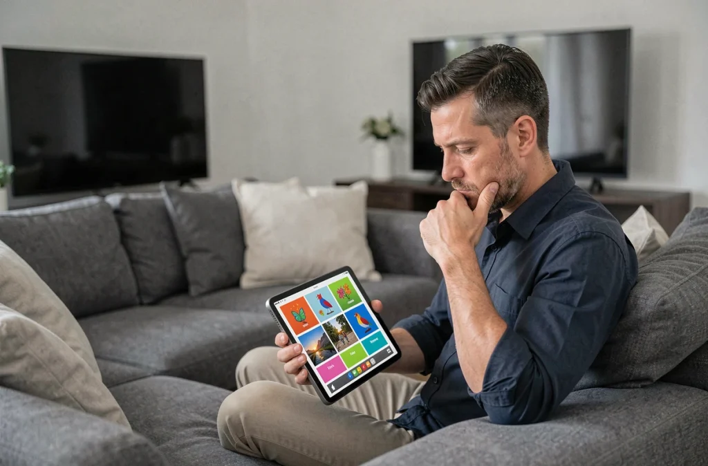 Homme adulte cherchant la solution d'un mot de 9 lettres sur une tablette dans son salon