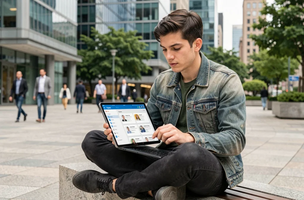 Jeune homme travaillant en extérieur depuis un espace urbain grâce à une application de stockage et partage de fichiers en nuage