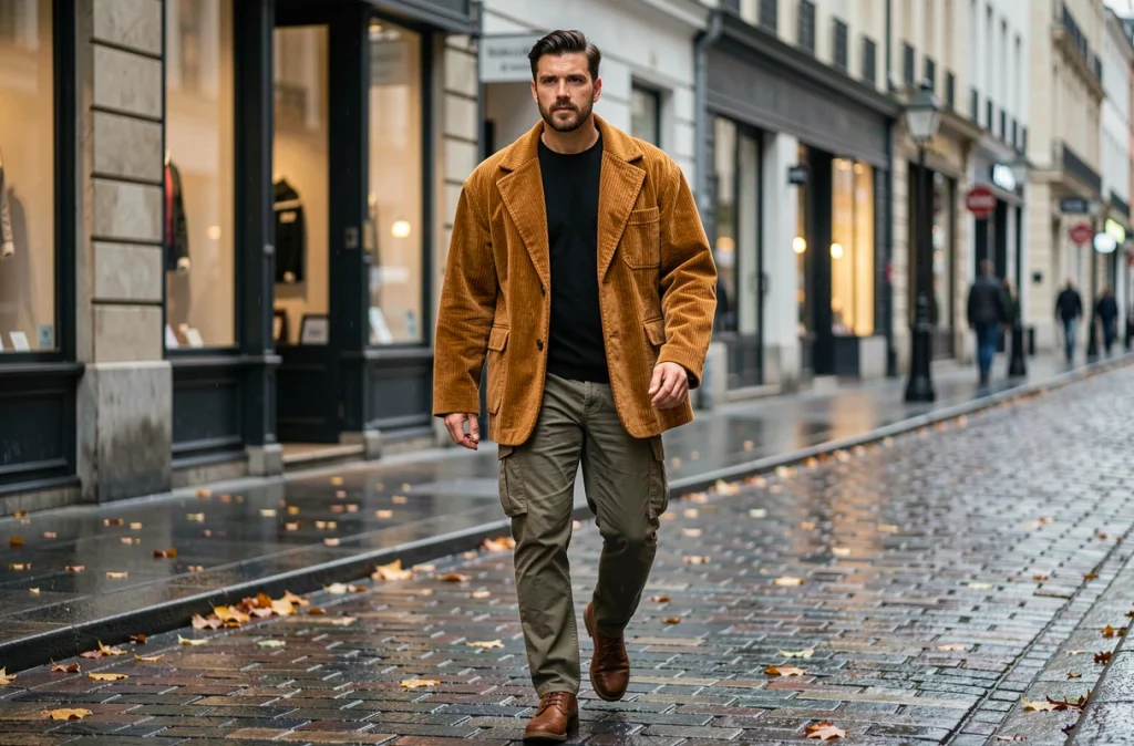 Homme en veste oversize caramel en velours côtelé marchant sur des pavés mouillés dans une rue de ville européenne en automne
