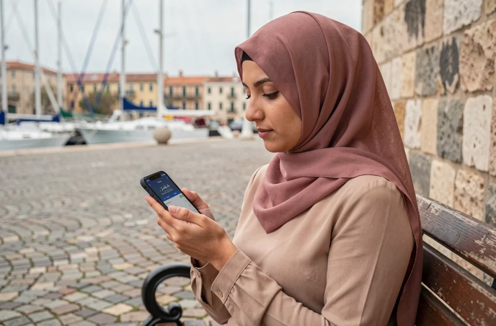 Jeune femme consultant les horaires de prière sur son téléphone au vieux-port de Marseille, portant un hijab rose