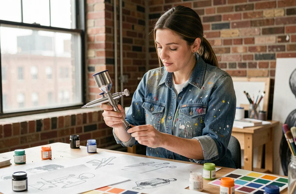 Illustratrice changeant l'aiguille de son aérographe Iwata Master dans un atelier créatif urbain