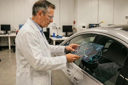 Ingénieur automobile examinant un système de détection de collision sur une berline électrique dans un laboratoire de recherche