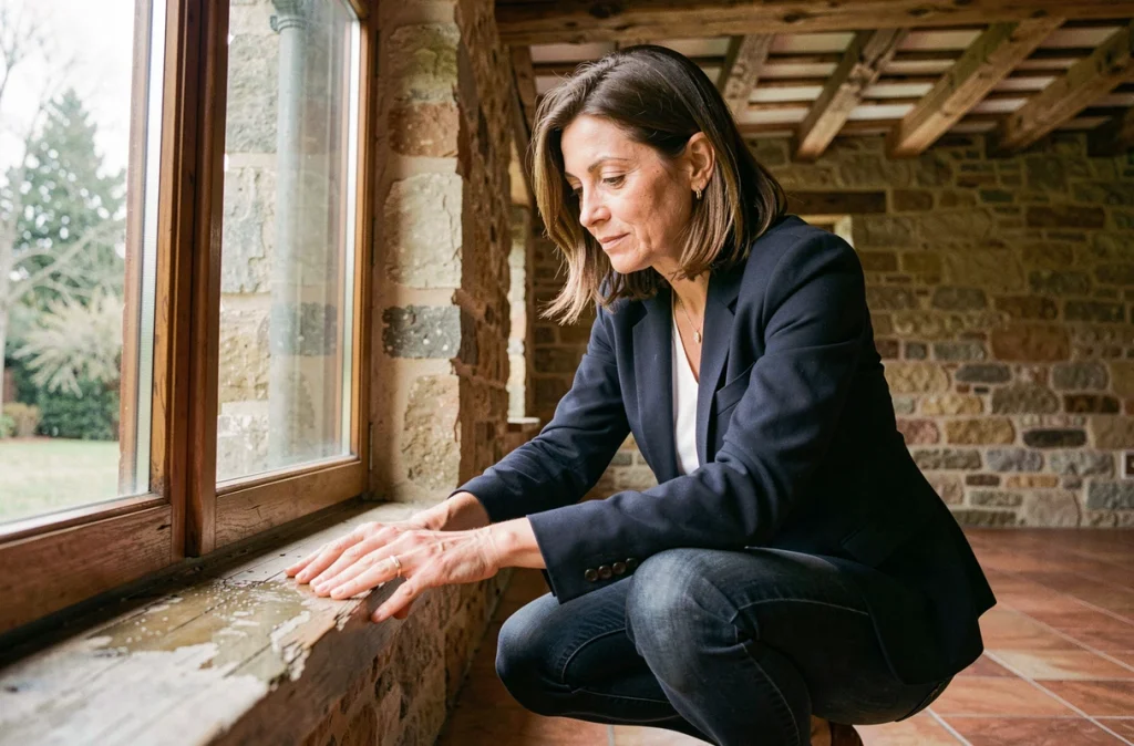 Femme inspectant l'état d'un encadrement de fenêtre lors d'une visite immobilière dans une maison en pierre