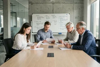 Jeune diplômée travaillant en collaboration avec des collègues expérimentés autour d'une table de réunion dans un bureau moderne