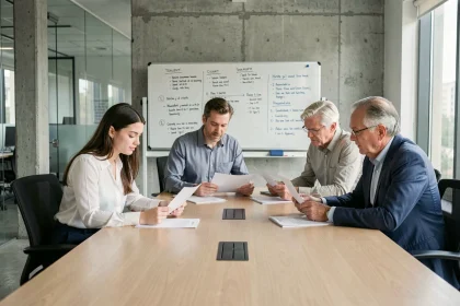 Jeune diplômée travaillant en collaboration avec des collègues expérimentés autour d'une table de réunion dans un bureau moderne
