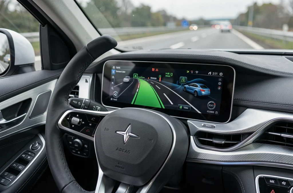Interface d'aide à la conduite par intelligence artificielle affichée sur le tableau de bord d'un véhicule moderne avec avertissements de sécurité