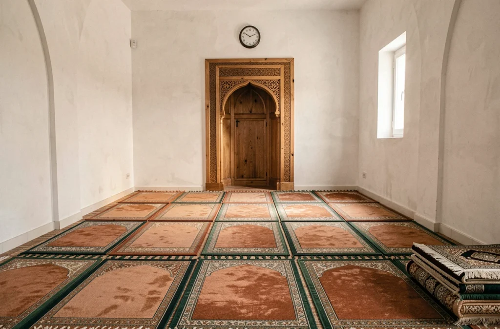 Intérieur d'une mosquée de Marseille avec des rangées de tapis de prière et un mihrab en bois sculpté, horloge affichant l'heure de la prière