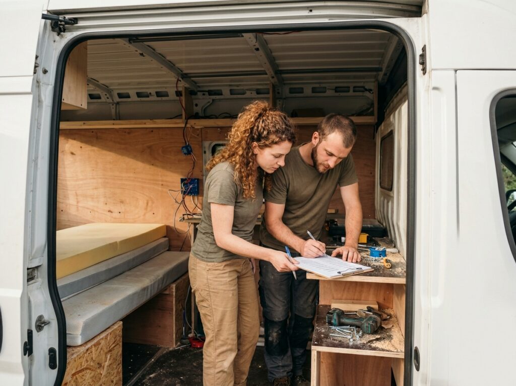 Couple examinant l'intérieur d'un van en cours d'aménagement avec une liste de vérification, évaluant l'état avant achat
