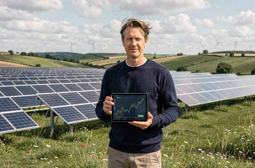 Homme d'affaires tenant une tablette avec des données financières vertes devant un champ de panneaux solaires à la campagne